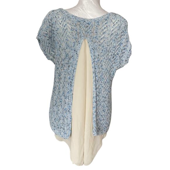 Lucky Brand Blue White Open Knit Scoop Neck Boho Knit Sweater Shirt Size Medium - Picture 2 of 16